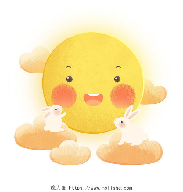 手绘中秋节卡通月亮可爱云朵兔子元素